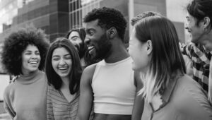 Multiracial diverse group of people having fun outdoor - Diversity lifestyle concept - Focus on gay transgender - Black and white editing